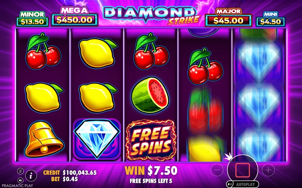 Purple free spins screen: Free Spins scatter on reel 3, stacked wilds on reel 5, win $7.50, 5 spins left