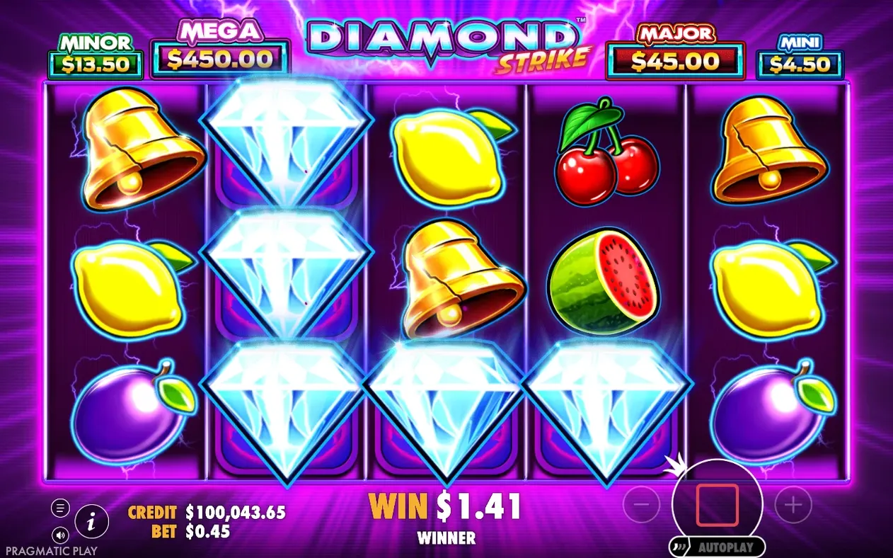 Free spins reels show stacked wild diamonds on reels 2 and 3 beside bells and lemons, win $1.41, Winner text shown