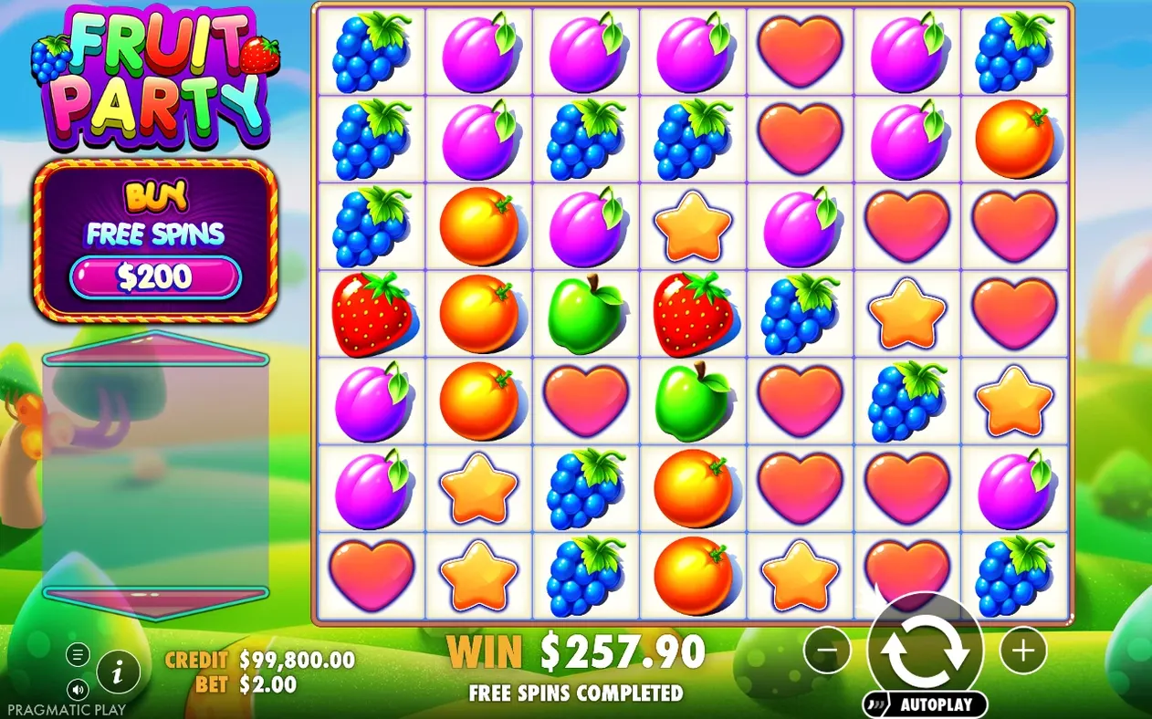 Výsledková obrazovka po free spins: ovocná mriežka, výhra $257.90, nápis FREE SPINS COMPLETED, kredit $99,800.00.