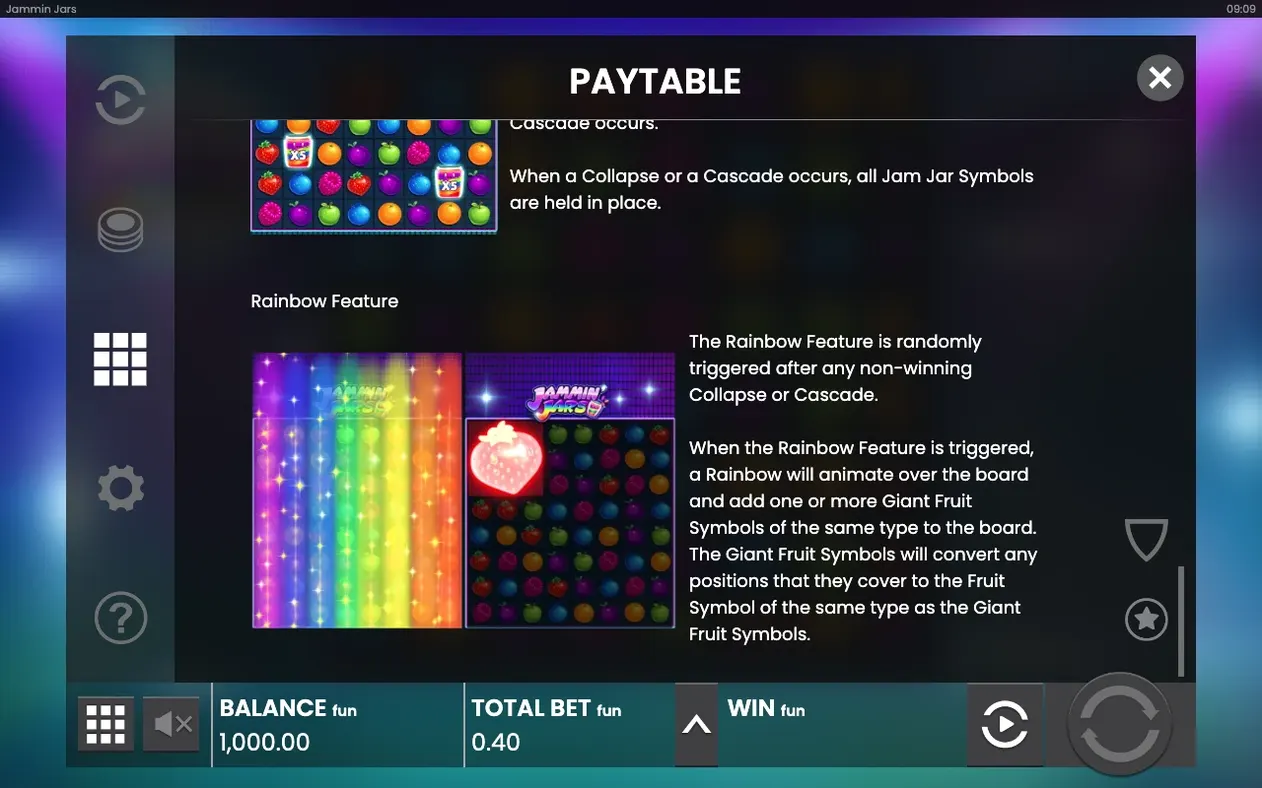 Paytable Rainbow Feature page with rainbow sweep art and giant strawberry converting the grid