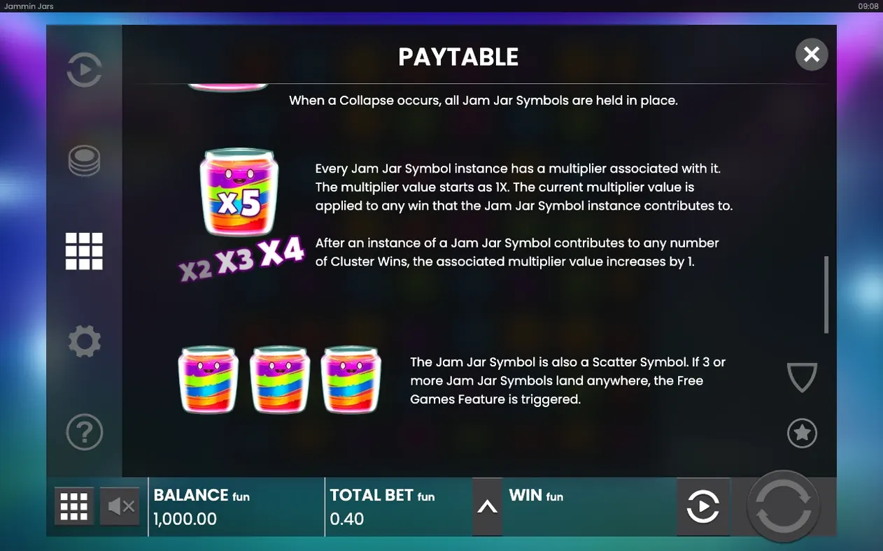 Paytable page on Jam Jar multiplier rule: starts at x5 with x2, x3, x4 shown below