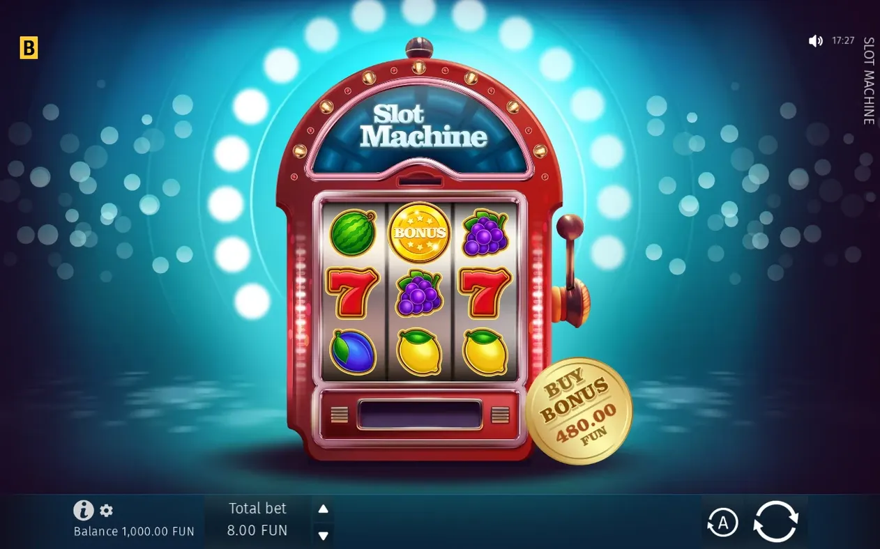 Červený automat s tromi valcami, kde zlatá minca BONUS stojí uprostred vedľa hroznových a sedmičkových symbolov.