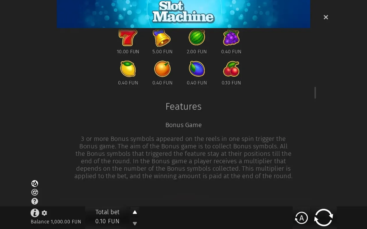 Výplatná tabuľka zobrazuje ovocné symboly so sedmičkou za 10.00 FUN a popis funkcie Bonus Game.