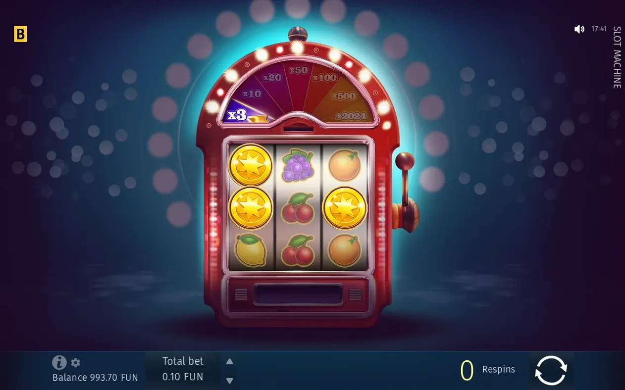 Automat s aktivovaným multiplikačným kruhom nad valcami, na reeloch tri zlaté hviezdicové mince, počítadlo 0 Respins.