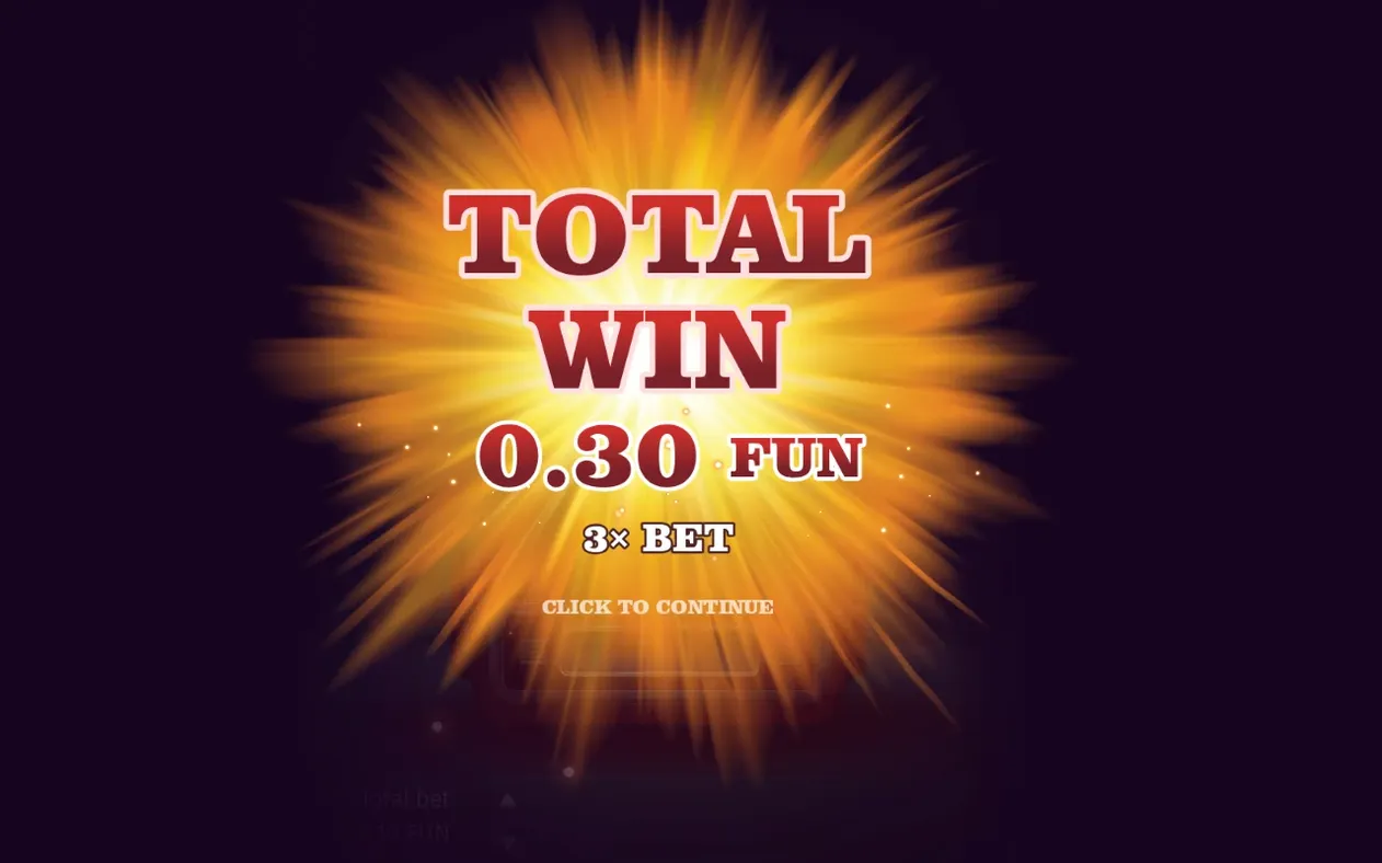 Oranžová výbuchová obrazovka oznamuje výhru 0.30 FUN, čo je 3x BET pri stávke z bonusovej hry.