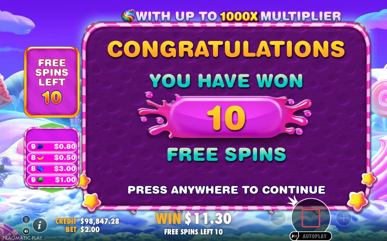 Congratulations oznamuje výhru 10 voľných otočení, vpravo dole výhra 11,30 $ pri stávke 2 $.