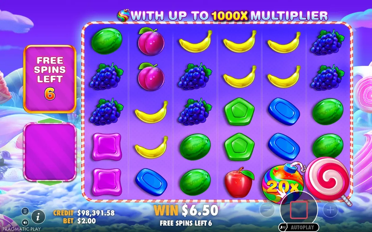 Voľné otočenia so 6 zostávajúcimi kolami, banner Up to 1000x Multiplier, bomba s násobičom 20x, výhra 6,50 $.