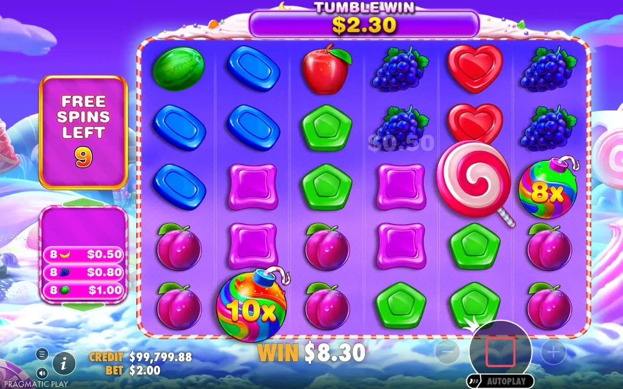 Kotúče počas voľných otočení: pruh Tumble Win 2,30 $, bomby s násobičmi 8x a 10x, zostáva 9 otočení.
