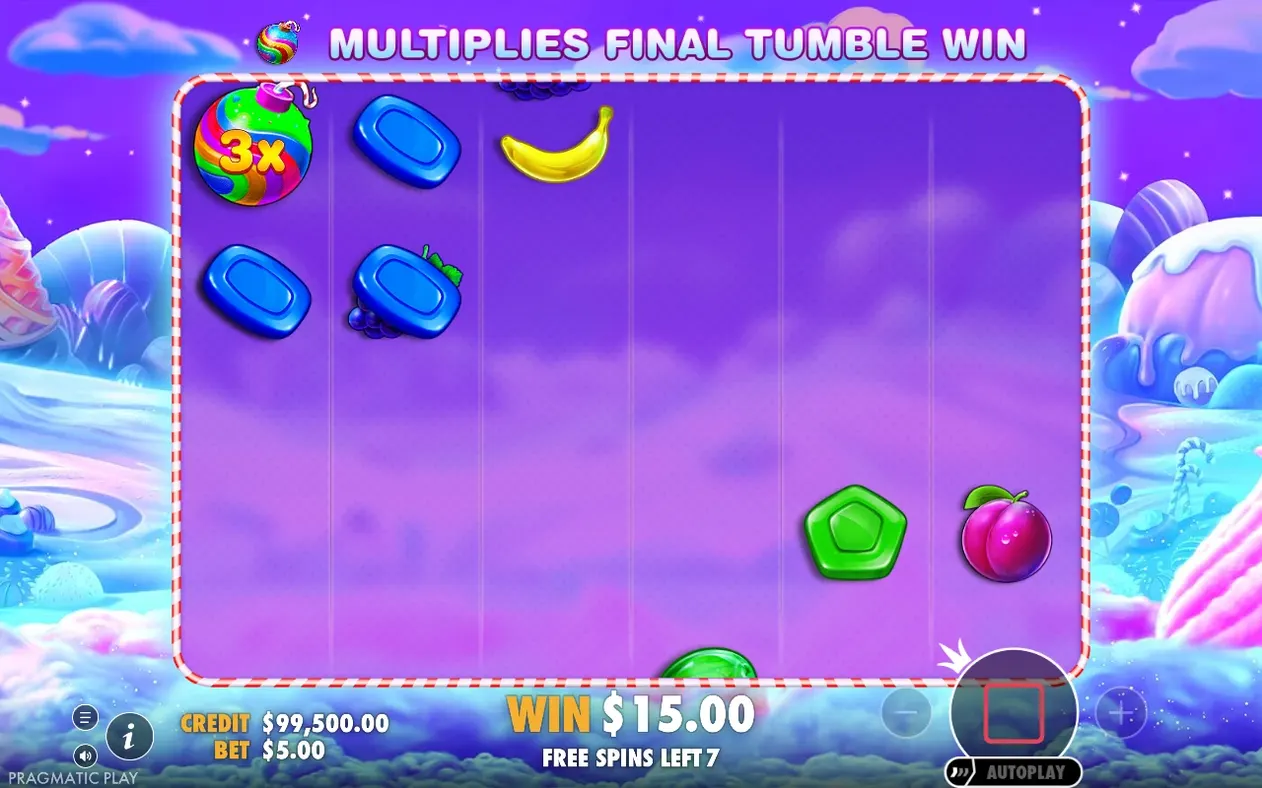 Free spins: multiplikátor 3x na dúhovej cukríkovej bombe, výhra 15,00 USD, zostáva 7 kôl zadarmo.