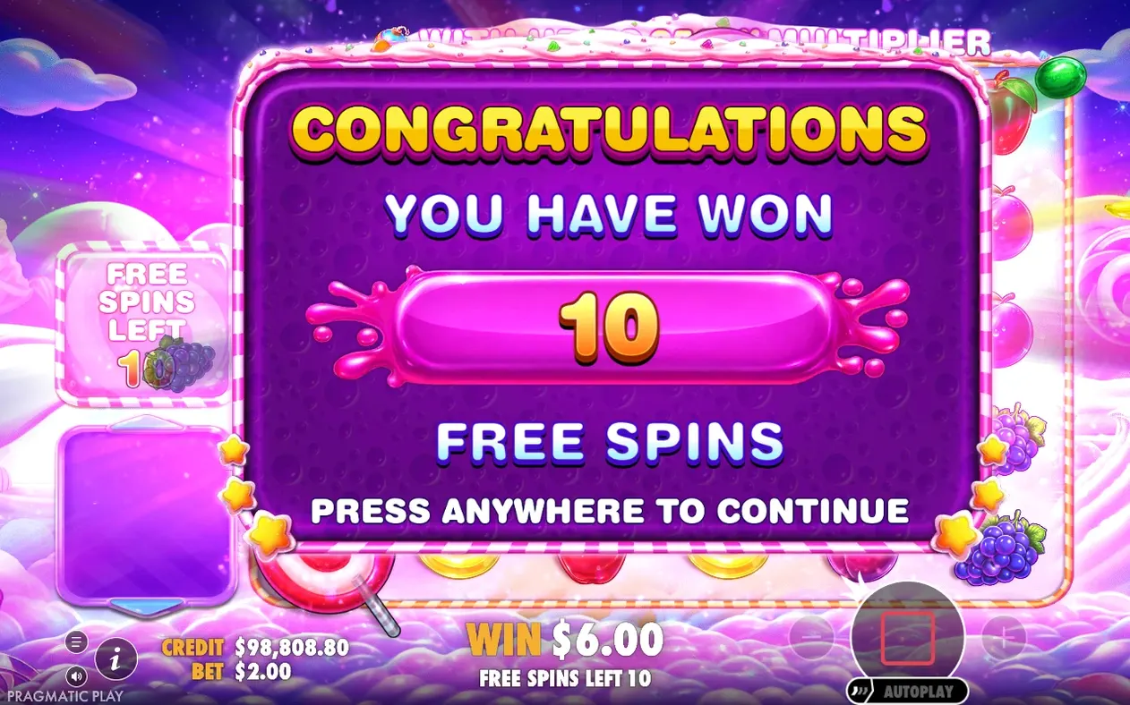 Congratulations popup shows 10 free spins won, purple candy plaque, WIN $6.00 displayed below.