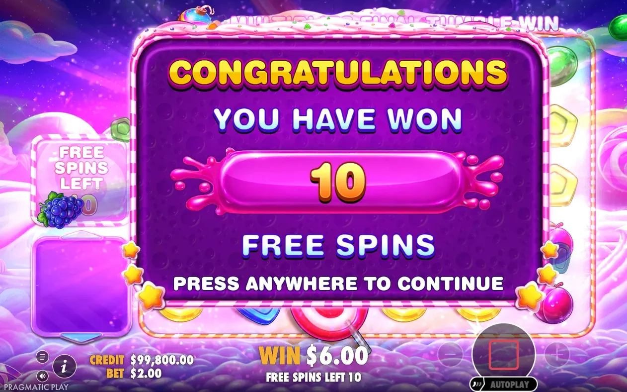 Congratulations popup celebrates 10 free spins won again, with WIN $6.00 and free spins left 10 shown.