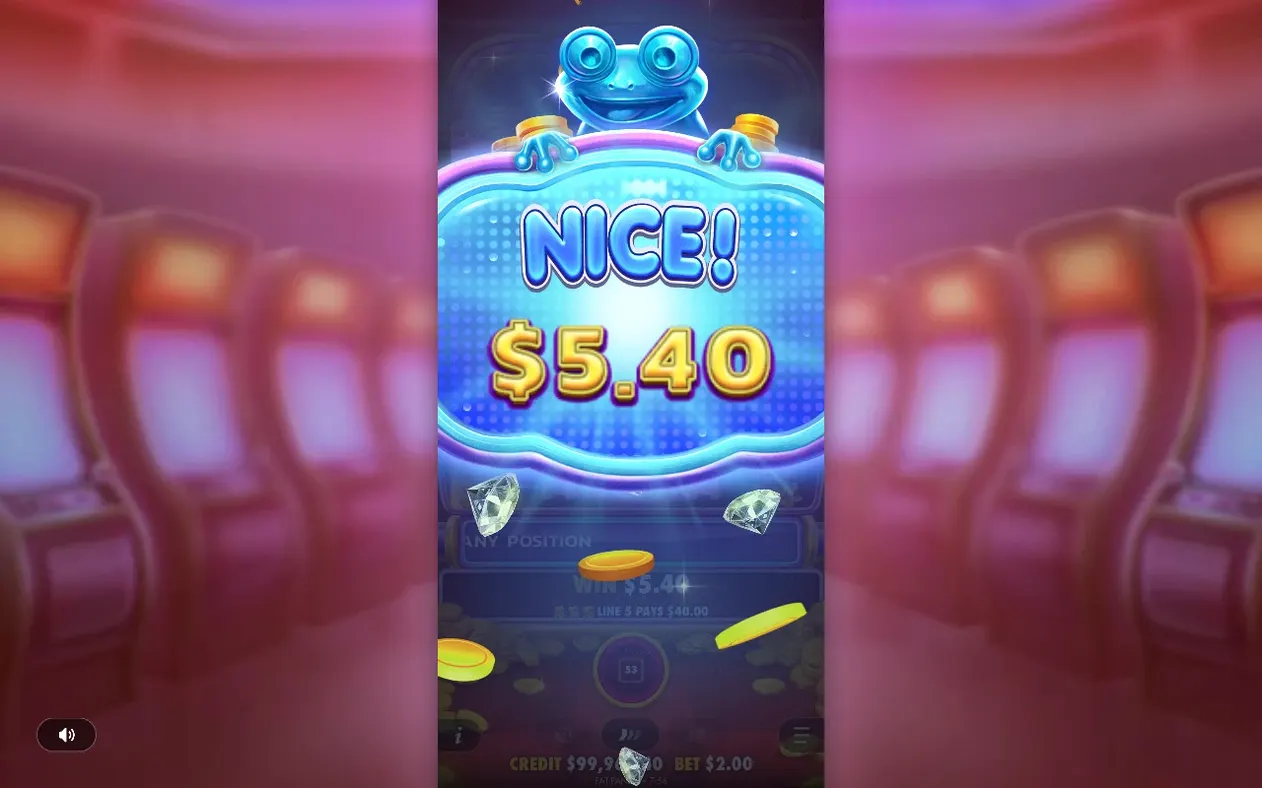 Blue frog peeks over a NICE! banner showing a $5.40 collect win beside diamond scatters.